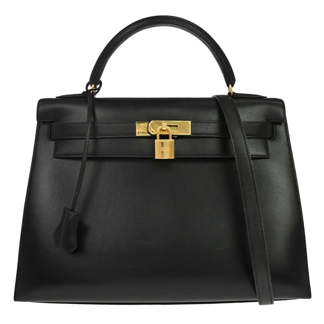 HERMES Kelly 32 Sellier Black Box Calf 2 Way Handbag: HERMES Kelly 32 Sellier Black Box Calf 2 Way Handbag Hermes Kelly 32 Sellier 2-way handbag in black box calf leather with a structured top handle silhouette and turn-lock closure. Made in France, this