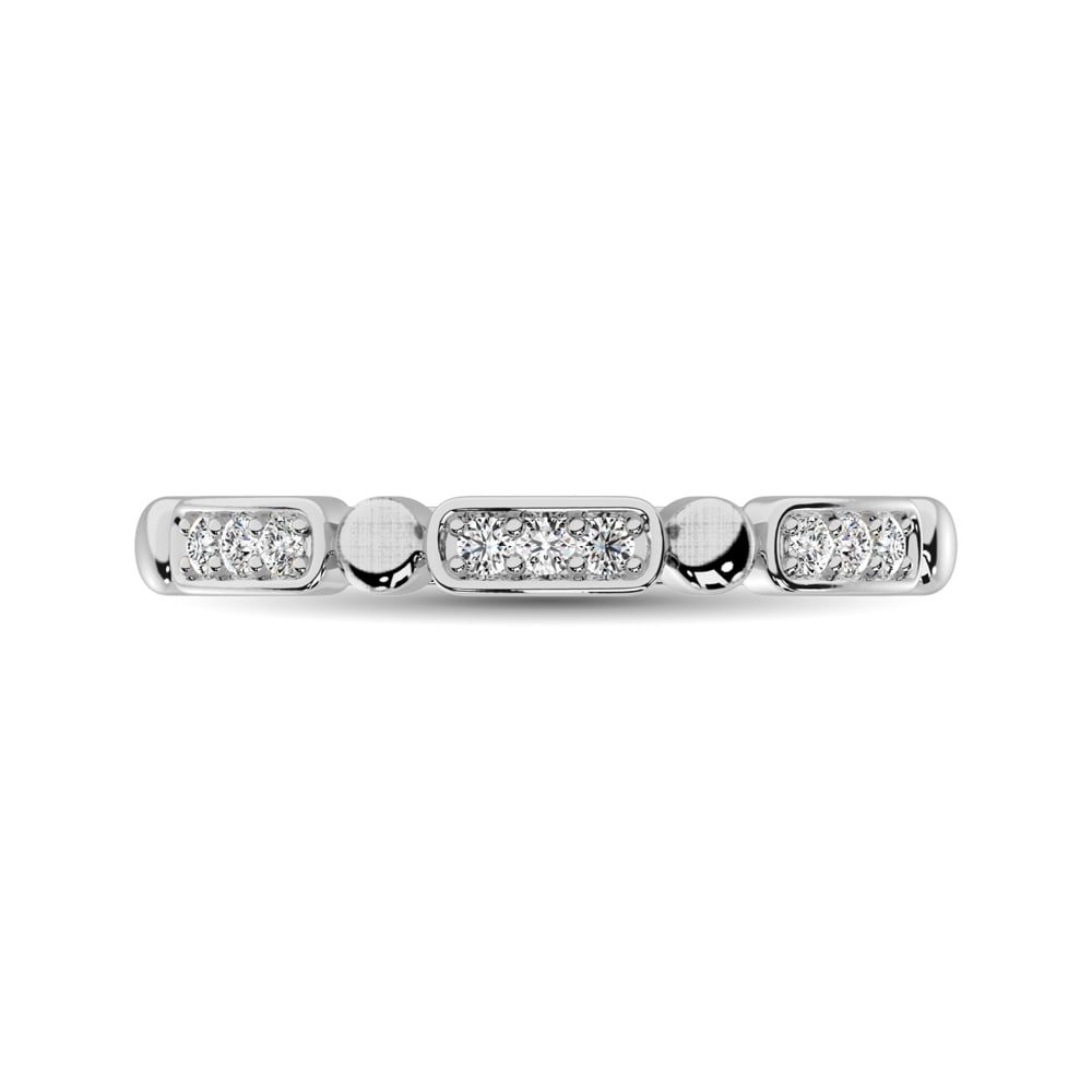 14K White Gold 1/10 Ct.Tw. Diamond Stackable Band: 14K White Gold 1/10 Ct.Tw. Diamond Stackable Band This glamorous ring is available in 14K White Gold. There are 9 round diamonds with a total carat weight of 1/10 Ct.Tw. set in a Shared Prong setting.