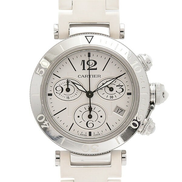 Cartier W3140005 Pasha Seatimer Chronograph Quartz Watch Silver Dial SS Rubber: Cartier W3140005 Pasha Seatimer Chronograph Quartz Watch Silver Dial SS Rubber Cartier Pasha Seatimer chronograph wristwatch with a silver dial, stainless steel and rubber construction, and quartz mov