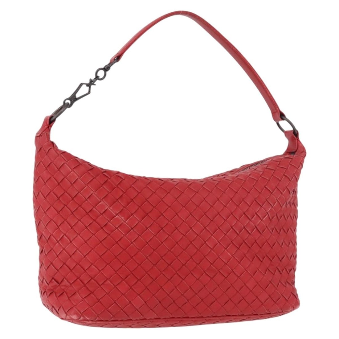 Bottega Veneta Intrecciato Red Leather Shoulder Bag 239988 with Dust Bag: Bottega Veneta Intrecciato Red Leather Shoulder Bag 239988 with Dust Bag A red leather shoulder bag with Bottega Veneta intrecciato styling. It includes a dust bag and was made in Italy. The item show