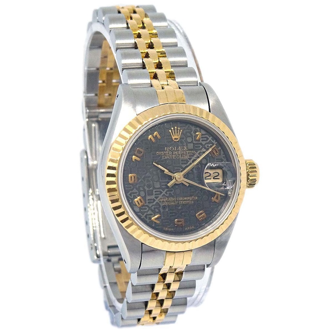 Rolex Datejust 69173 26mm Womens Watch Black Dial Two Tone: Rolex Datejust 69173 26mm Womens Watch Black Dial Two Tone Rolex Oyster Perpetual Datejust wristwatch, Ref. 69173, with a 26 mm case and classic styling. It features a mechanical automatic movement, a