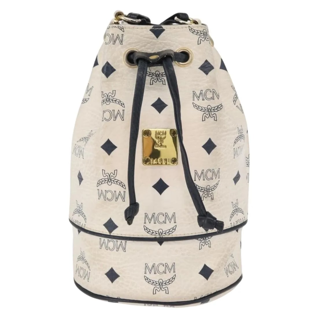 MCM Drawstring Shoulder Bag White PVC Made in Italy: MCM Drawstring Shoulder Bag White PVC Made in Italy This MCM drawstring shoulder bag for women features a white PVC exterior with metal fittings. The bag measures 15cm x 20cm x 12cm and was made in It