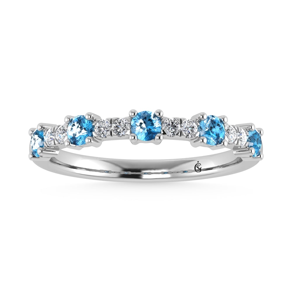 14K White Gold Diamond 1/2 Ct.Tw. Round and Blue Topaz Band: 14K White Gold Diamond 1/2 Ct.Tw. Round and Blue Topaz Band 14k White Gold Stone Color: G-h Stone Clarity: Si3 Each ring is presented in standard size 6.5. Complimentary resizing is available between 