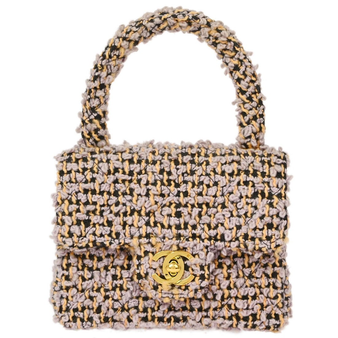 CHANEL Mini Square Top Handle Bag in Purple Tweed: CHANEL Mini Square Top Handle Bag in Purple Tweed Mini square top handle handbag in purple tweed with a matelasse quilted design and flap turn-lock closure. The bag features a leather lining, one exte