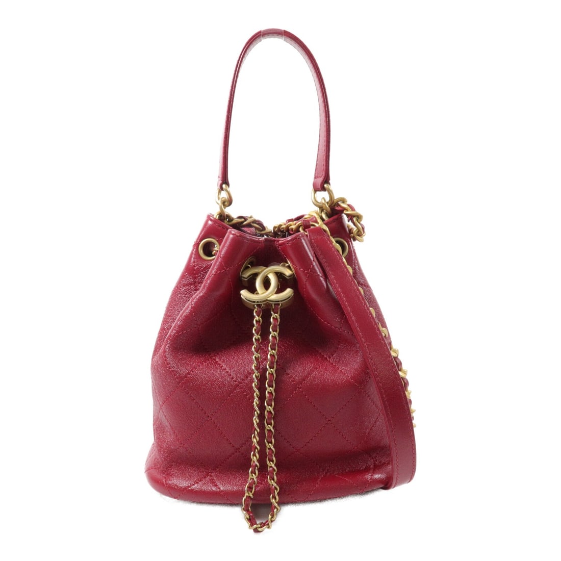 CHANEL CC Calfskin Bucket Shoulder Bag Red Chain GHW: CHANEL CC Calfskin Bucket Shoulder Bag Red Chain GHW CHANEL CC GHW Bucket Bag Chain Shoulder Bag in red calfskin leather. It features a chain shoulder strap and an interior card pocket. The item is in