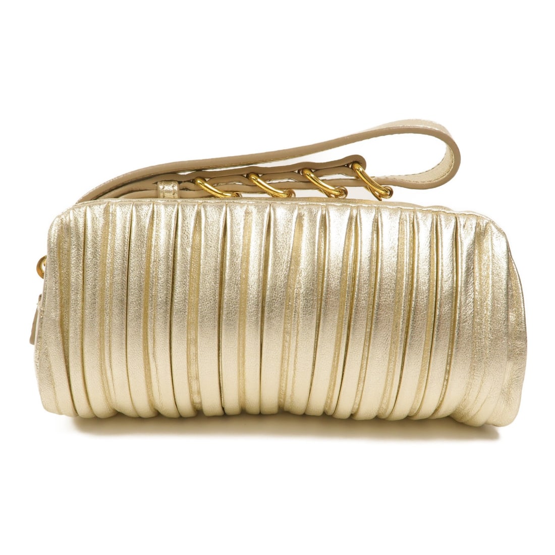 Miu Miu Nappa Leather Pleated Long Clutch Gold Tone Hardware: Miu Miu Nappa Leather Pleated Long Clutch Gold Tone Hardware A Miu Miu long clutch in metallic gold nappa leather with a pleated Plisse design. This women's regular-size bag is made in Italy and comes