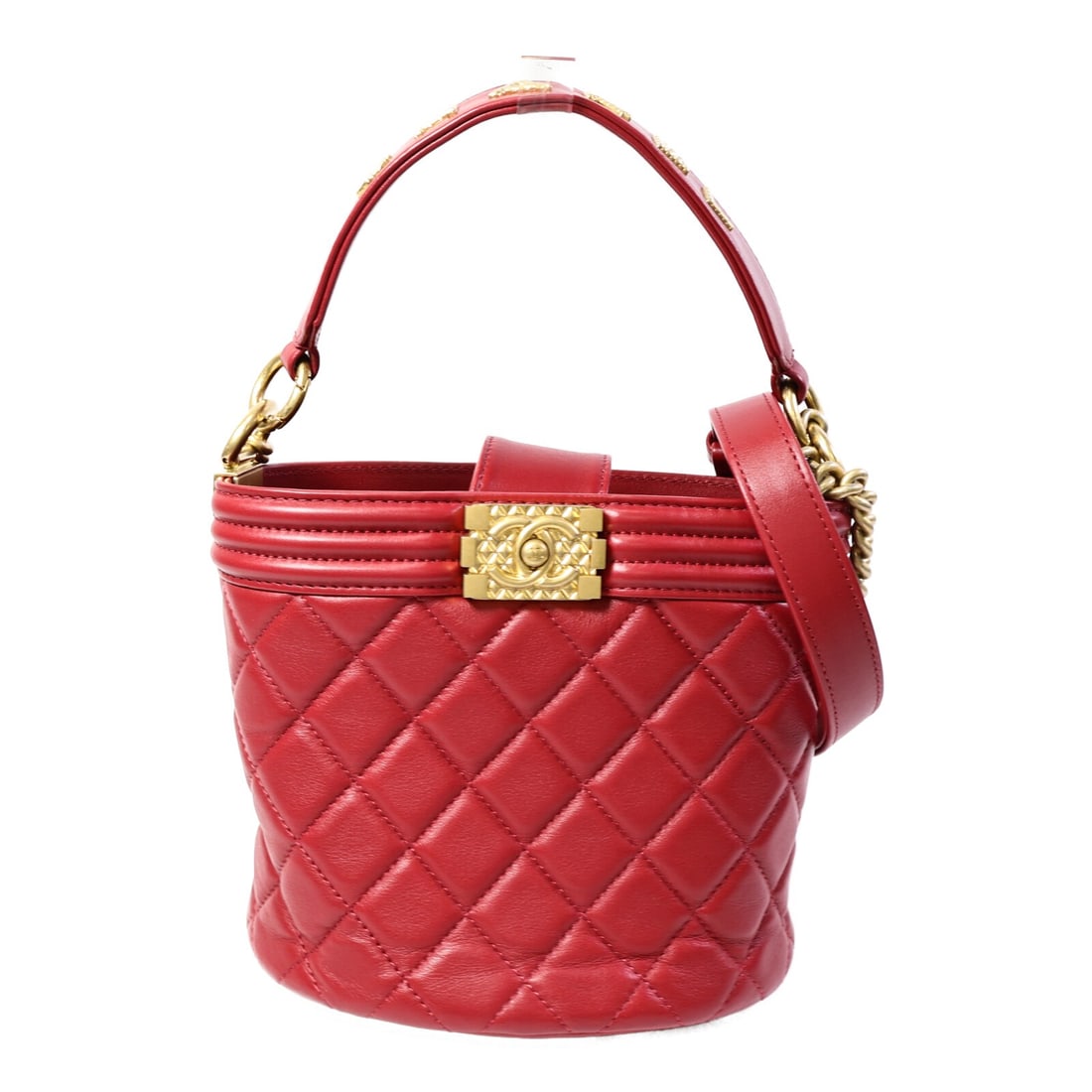 Red Lambskin 2 Way Bucket Shoulder Bag CHANEL CC Chain Strap: Red Lambskin 2 Way Bucket Shoulder Bag CHANEL CC Chain Strap CHANEL CC GHW Bucket Bag is a 2-way chain shoulder bag crafted from red lambskin (sheep leather). It features a magnetic pocket and two ope