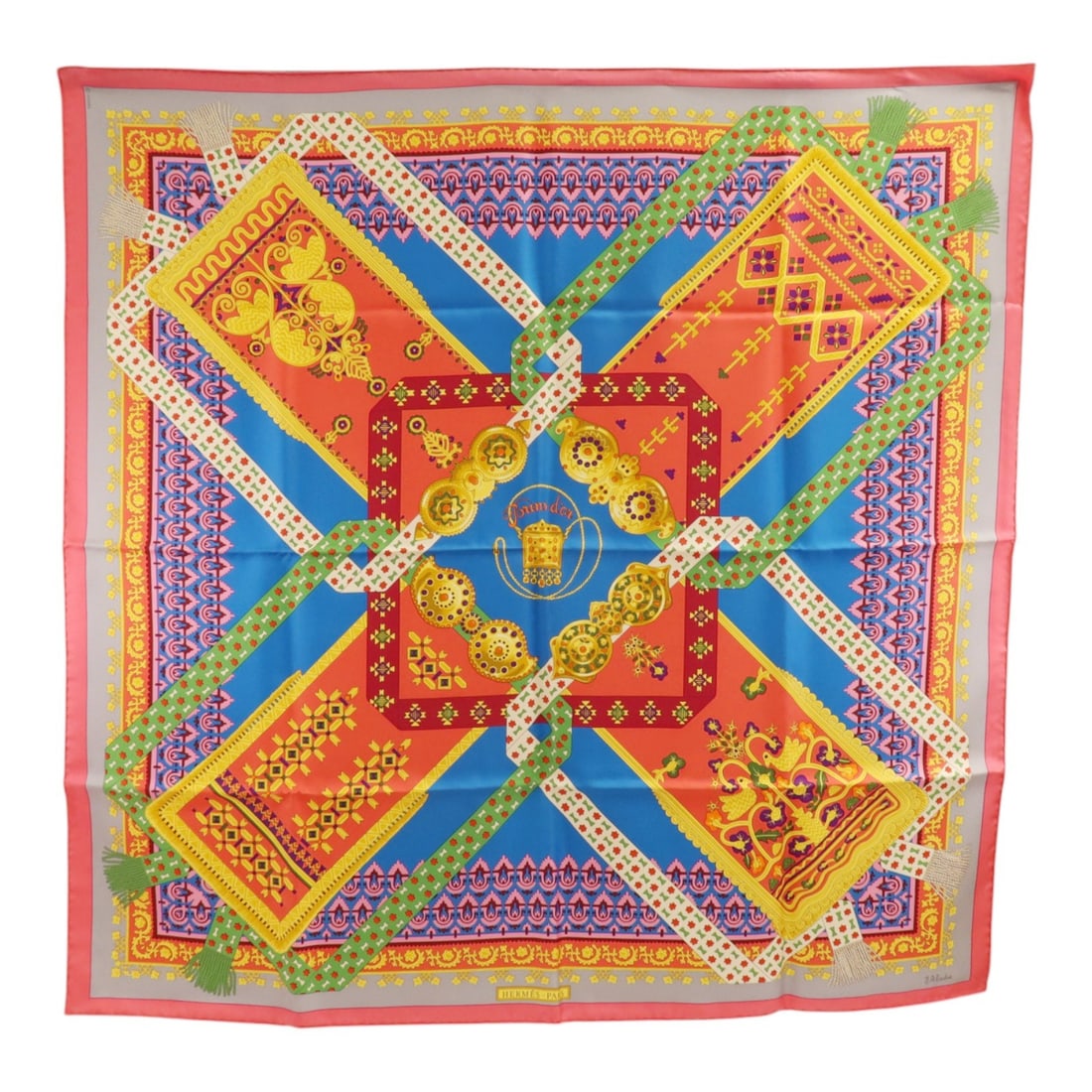 Hermes Silk Scarf 90 x 90 cm Pink Blue Multicolor: Hermes Silk Scarf 90 x 90 cm Pink Blue Multicolor Hermes silk scarf in pink, blue, and multicolor. This women's regular-size scarf measures 90 cm x 90 cm and comes with a storage box. Made in France a