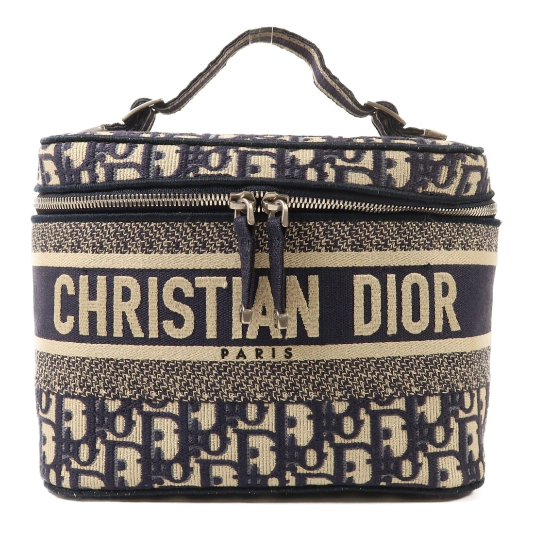 Dior CD Blue Canvas Travel Vanity Handbag with Storage Bag: Dior CD Blue Canvas Travel Vanity Handbag with Storage Bag Christian Dior travel vanity case handbag in blue canvas. It features a top handle, a fastener closure, and an interior with three open compa