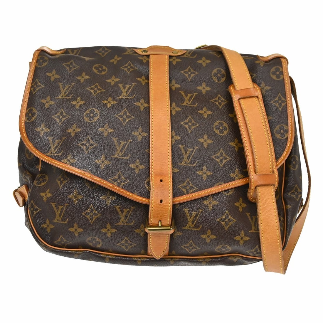 Louis Vuitton Saumur 35 Monogram Canvas Crossbody Shoulder Bag M42254: Louis Vuitton Saumur 35 Monogram Canvas Crossbody Shoulder Bag M42254 Vintage Louis Vuitton Saumur 35 shoulder bag in brown Monogram canvas with leather trim and a buckle closure. This unisex bag feat