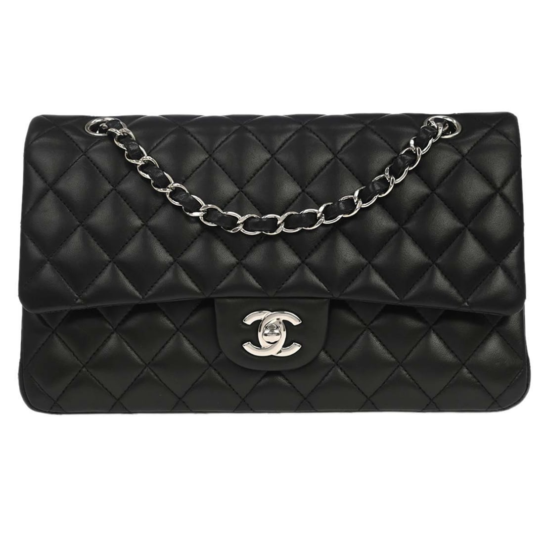 CHANEL Classic Double Flap Medium Shoulder Bag Black Lambskin: CHANEL Classic Double Flap Medium Shoulder Bag Black Lambskin Chanel Medium Classic Double Flap Shoulder Bag in black lambskin leather, made in France. It features a turn lock closure, shoulder strap 