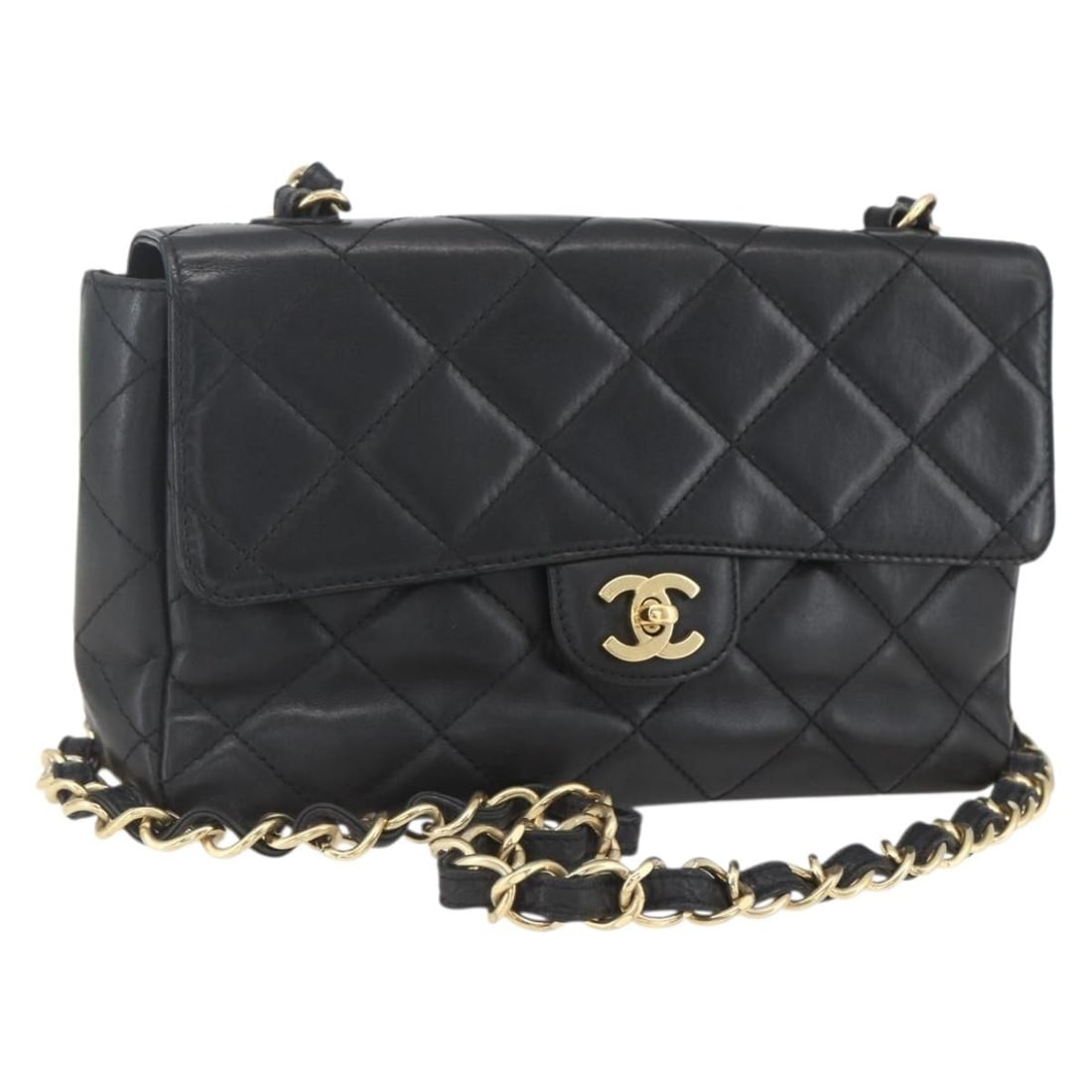 CHANEL Matelasse Lambskin Shoulder Bag Black Gold with Dust Bag: CHANEL Matelasse Lambskin Shoulder Bag Black Gold with Dust Bag CHANEL Matelasse 25 shoulder bag in black leather/lamb skin with gold-tone hardware. It comes with a dust bag and was made in Italy. The