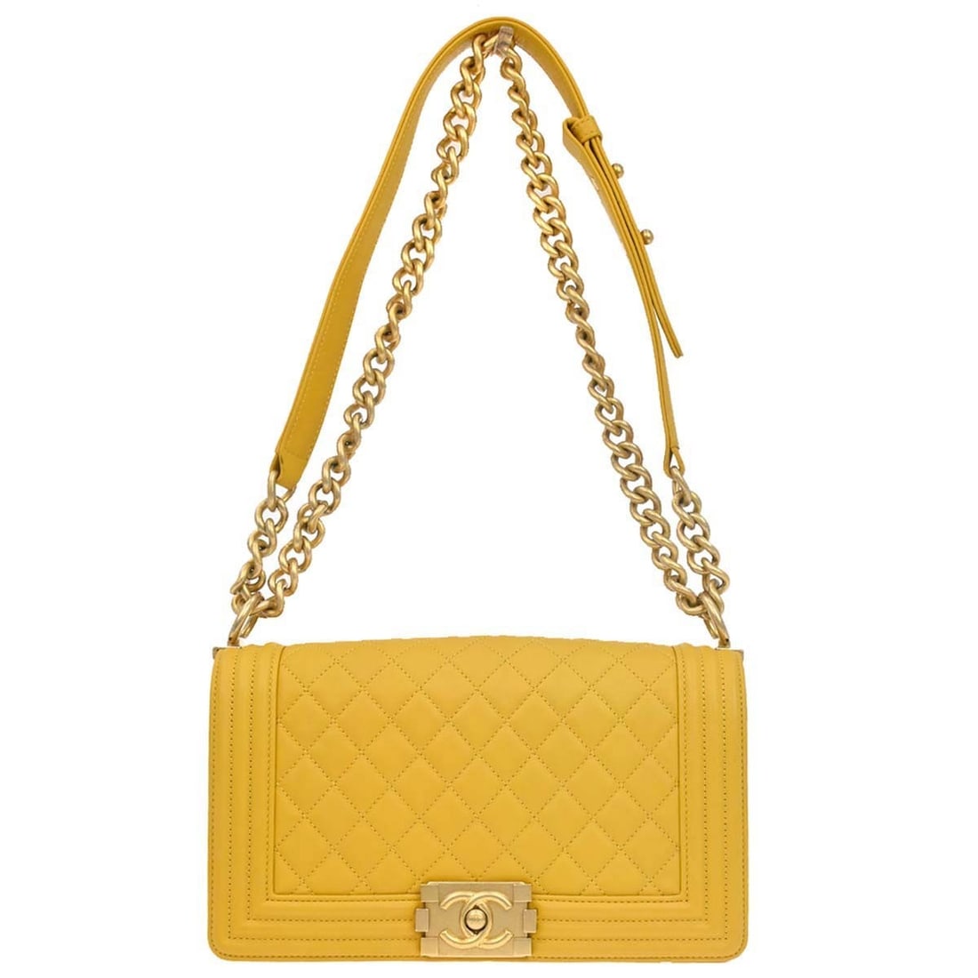 CHANEL Boy Medium Yellow Lambskin Shoulder Bag: CHANEL Boy Medium Yellow Lambskin Shoulder Bag This CHANEL Boy medium shoulder bag is crafted in yellow lambskin with a square shape and silver-tone hardware. It features a push-lock closure, chain st