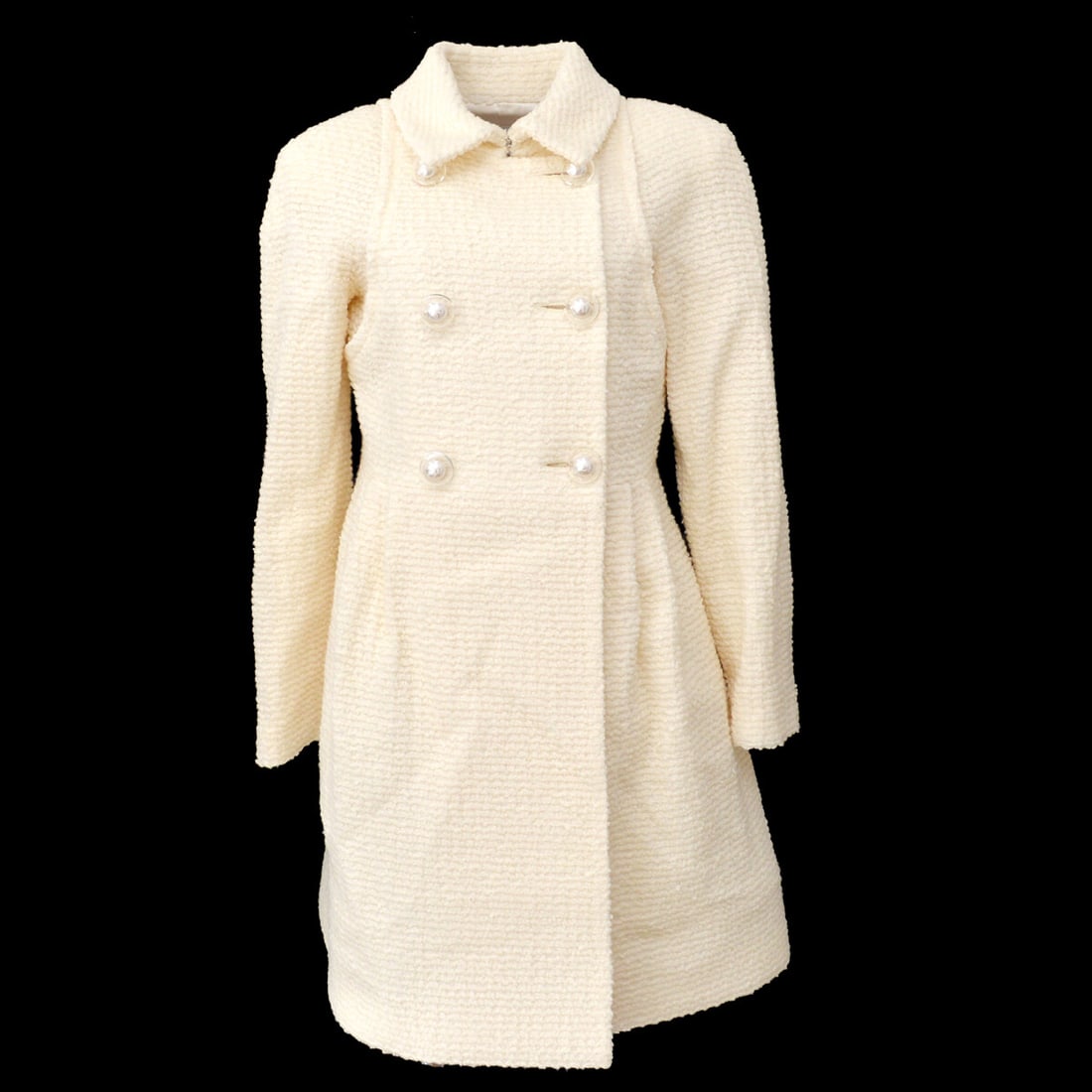 White Wool Blend Long Sleeve Coat Chanel P57660V26446 Size 38: White Wool Blend Long Sleeve Coat Chanel P57660V26446 Size 38 White long sleeve Chanel coat in notation size 38. It is made from 70% wool, 18% nylon, and 12% silk, and was manufactured in France. The 