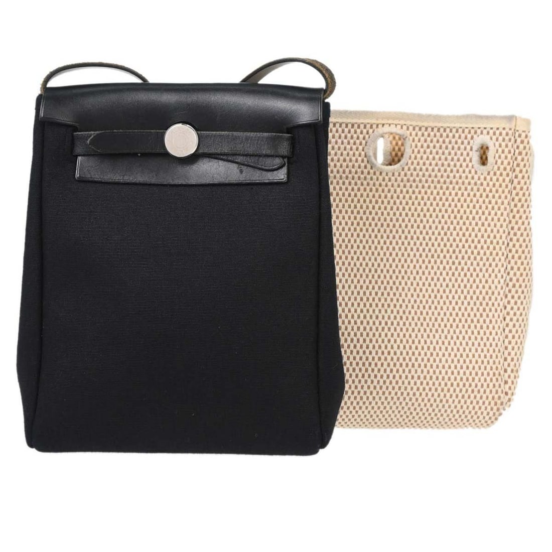 Hermes Herbag TPM GM Toile Officier Black 2 in 1 Shoulder Bag: Hermes Herbag TPM GM Toile Officier Black 2 in 1 Shoulder Bag Hermes Herbag TPM 2 in 1 shoulder bag in black and natural Toile Officier, Toile GM, and leather. This women's bag features a flap closure