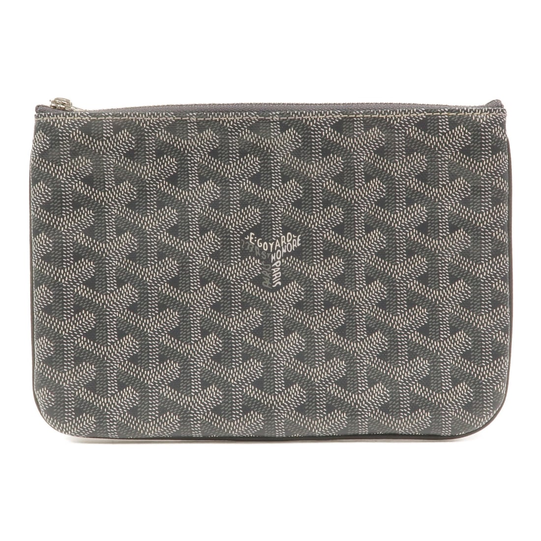 Goyard Senat PM coated canvas pouch gray with box: Goyard Senat PM coated canvas pouch gray with box A GOYARD Senat Pouch PM in gray coated canvas with SHW. The pouch features a fastener closure, one inside card pocket, and comes with a storage box. C