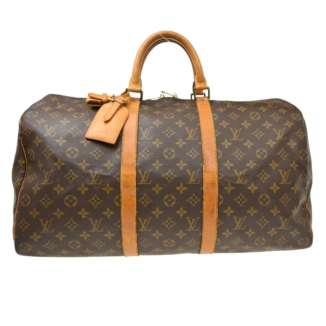 Louis Vuitton Keepall Brown Canvas Travel Bag: Louis Vuitton Keepall Brown Canvas Travel Bag Louis Vuitton Keepall unisex travel bag in brown canvas, made in France. The bag is described as being in good to fair condition with visible wear, includ