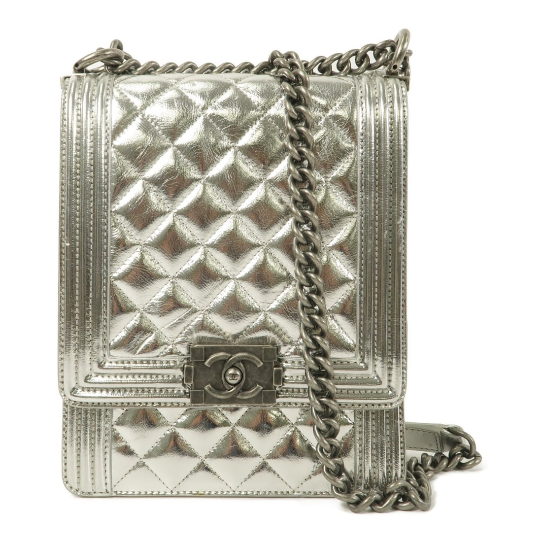 CHANEL Boy North South CC Chain Shoulder Bag Silver Calfskin: CHANEL Boy North South CC Chain Shoulder Bag Silver Calfskin CHANEL CC North South Boy Chain Shoulder Bag in silver calfskin leather. This shoulder bag features a flap closure and an adjustable should
