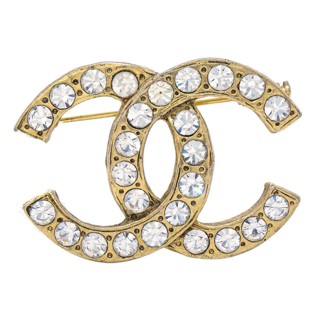 CHANEL CC Gold Plated Rhinestone Brooch from France: CHANEL CC Gold Plated Rhinestone Brooch from France Chanel CC brooch pin in gold plated metal with rhinestone detailing. Made in France, this brooch features the iconic CC motif and is presented in ve