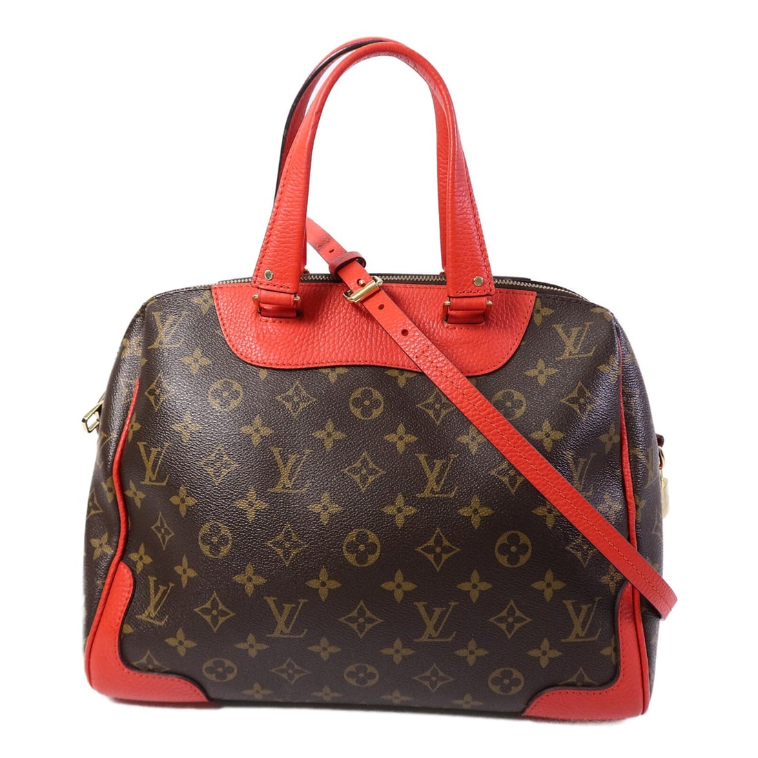 Louis Vuitton Retiro PM Monogram 2 Way Shoulder Bag Brown Red: Louis Vuitton Retiro PM Monogram 2 Way Shoulder Bag Brown Red Louis Vuitton Retiro PM shoulder bag in Monogram PVC coated canvas with a brown and red colorway. This 2-way bag is designed for women and