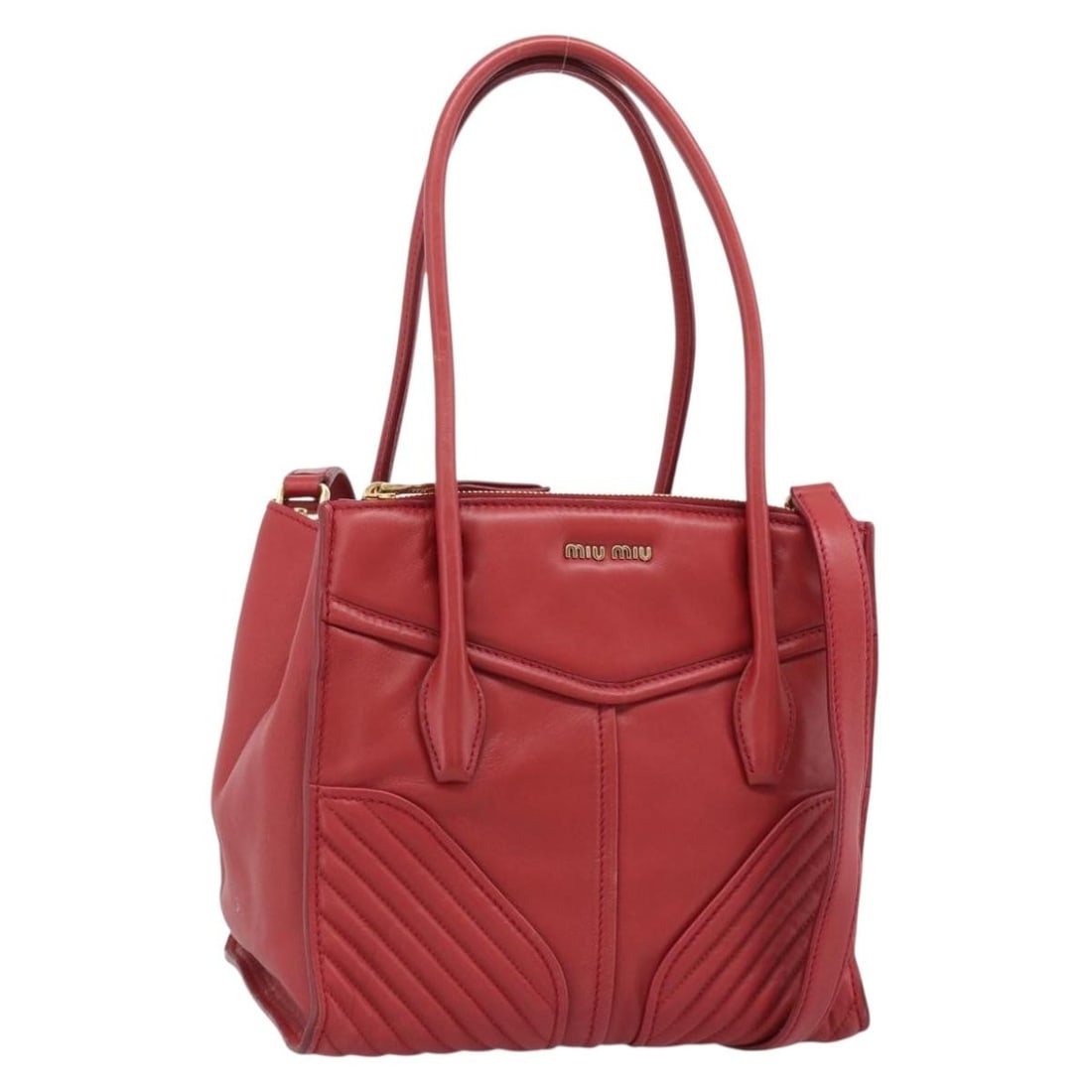 Miu Miu Red Leather 2way Tote Bag with Shoulder Strap: Miu Miu Red Leather 2way Tote Bag with Shoulder Strap A Miu Miu leather tote bag in red with gold-tone accents, designed as a 2-way style with a shoulder strap. It was made in Turkey and comes with th