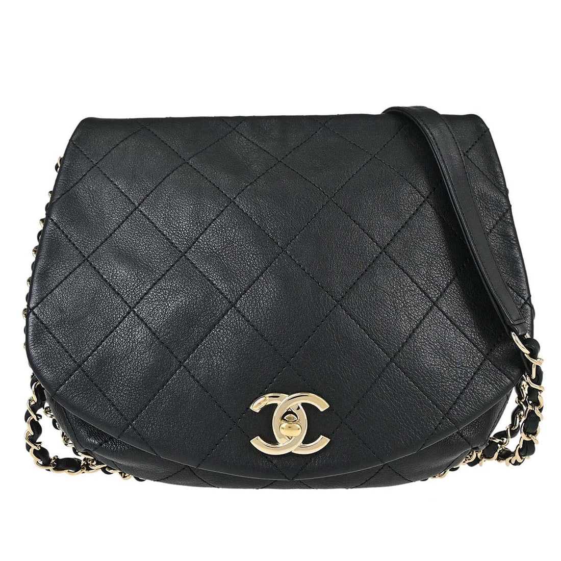 CHANEL Chain Around Saddle Flap Crossbody Bag Black Calfskin: CHANEL Chain Around Saddle Flap Crossbody Bag Black Calfskin Chanel Chain Around Saddle Flap shoulder bag in black calfskin leather with a quilted matelasse finish and gold-tone hardware. This medium 