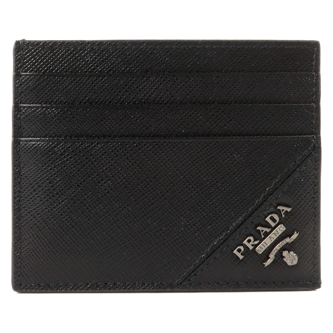 PRADA 2MC223 Saffiano Calfskin Card Case Black: PRADA 2MC223 Saffiano Calfskin Card Case Black Prada card holder in black Saffiano leather, presented as a card case with a compact regular-size design. It is made from calfskin (cowhide) and includes