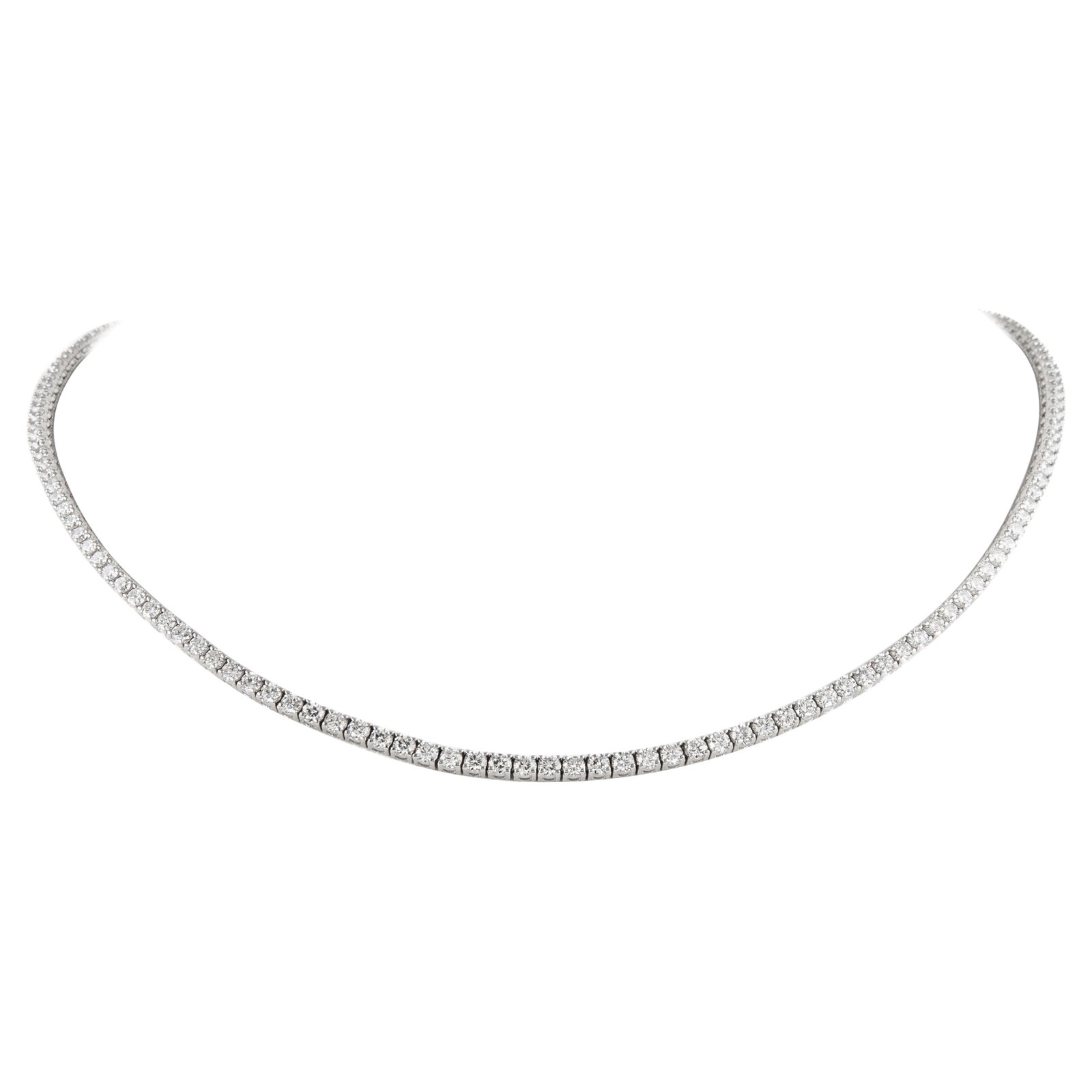 8.56ct Diamond Tennis Necklace 18k White Gold Modern: 8.56ct Diamond Tennis Necklace 18k White Gold Modern This stunning diamond tennis necklace features 153 round brilliant diamonds with a total weight of 8.56 carats, showcasing an approximate H/I color