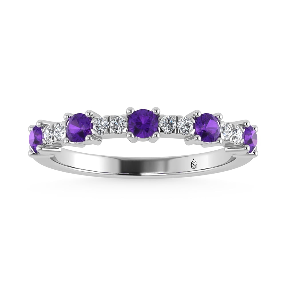 14K White Gold Diamond 1/2 Ct. Tw. Alternate Diamond and Amythyst Stackable Band: 14K White Gold Diamond 1/2 Ct. Tw. Alternate Diamond and Amythyst Stackable Band 14k White Gold Stone Color: G-h Stone Clarity: Si3 Each ring is presented in standard size 6.5. Complimentary resizing 