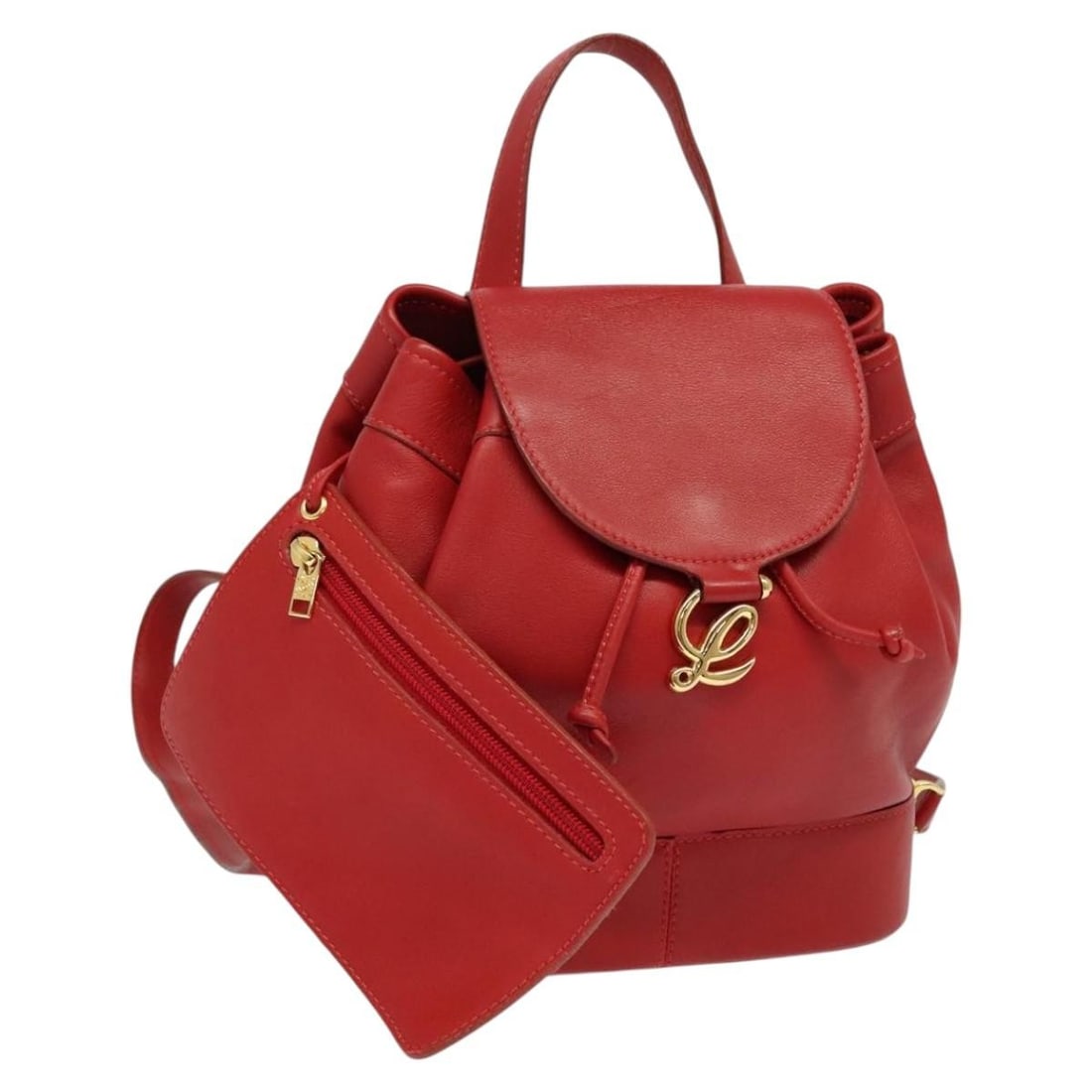 LOEWE Red Leather Backpack with Pouch Gold Tone Spain: LOEWE Red Leather Backpack with Pouch Gold Tone Spain LOEWE leather backpack in red and gold, made in Spain. It comes with a pouch and features a compact size with reasonable wear and tear consistent 