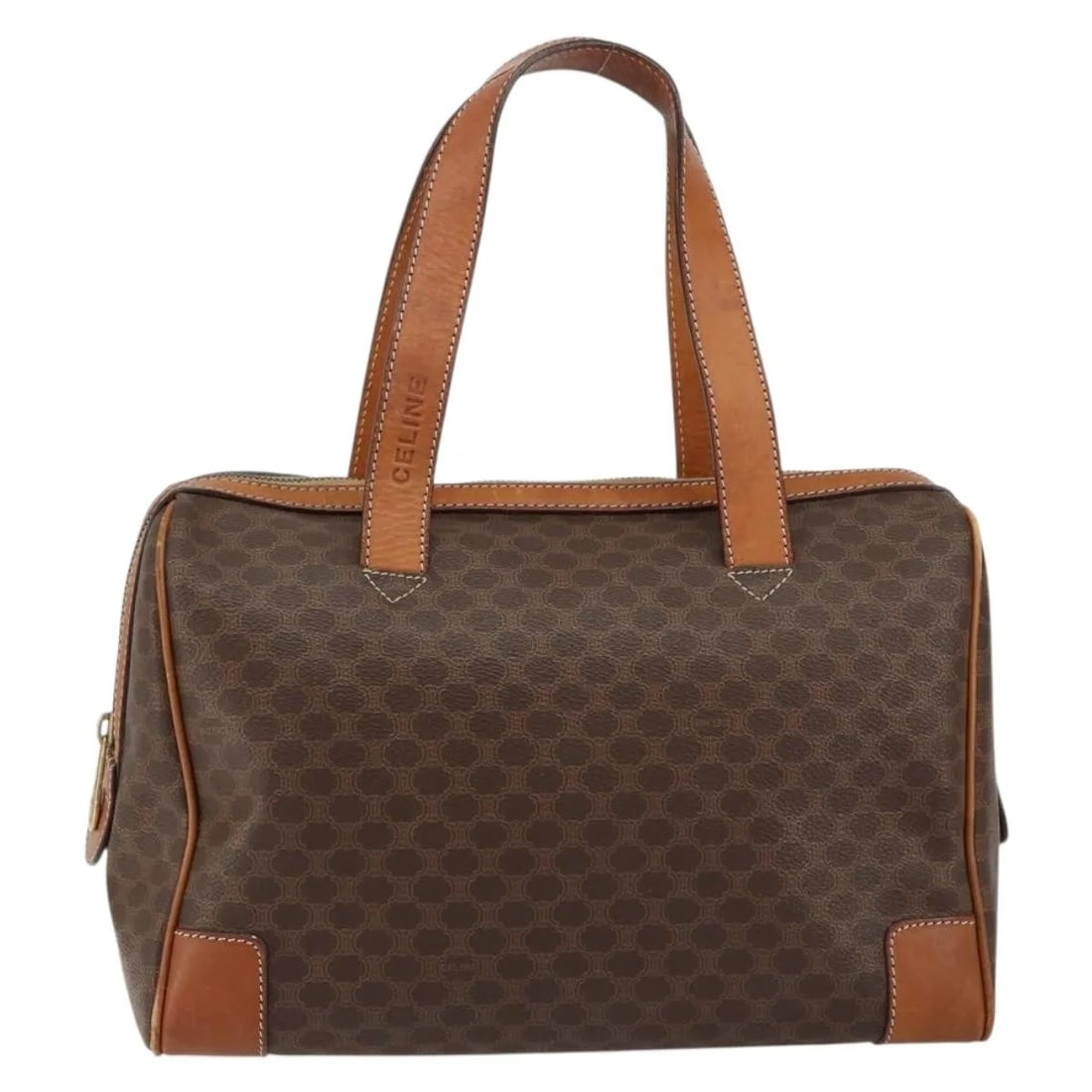 Celine Macadam Brown Canvas Handbag with Leather Trim: Celine Macadam Brown Canvas Handbag with Leather Trim This Celine Macadam handbag features a classic brown canvas exterior with leather accents. Designed for women, it is crafted in Italy and showcase