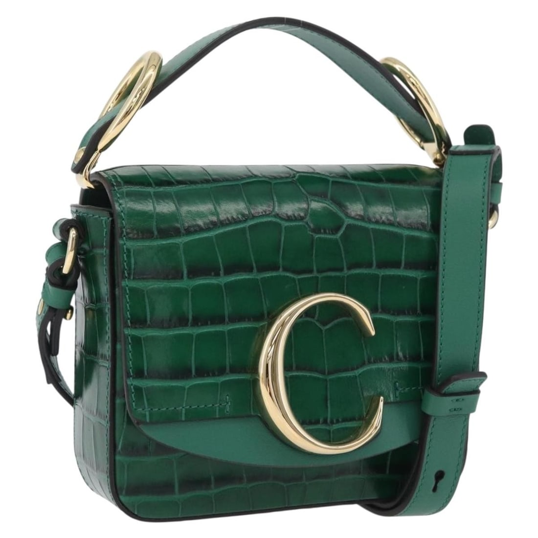 Chloe C 2way Leather Handbag Green Gold with Strap Dust Bag: Chloe C 2way Leather Handbag Green Gold with Strap Dust Bag Chloe C embossed leather 2-way handbag in green with gold-tone details. It comes with a dust bag and shoulder strap, and was made in Italy. 