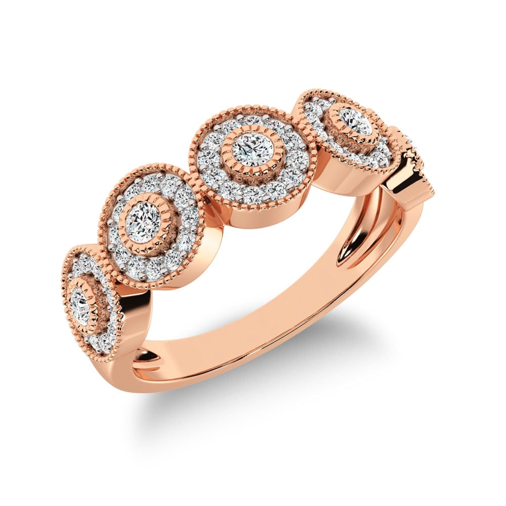 14K Rose Gold 2/5 Ct.Tw. Diamond Fashion Ring With Milgrain Detail: 14K Rose Gold 2/5 Ct.Tw. Diamond Fashion Ring With Milgrain Detail This amazing ring is available in 14K Rose Gold. There are 65 round diamonds with a total carat weight of 2/5 Ct.Tw. set in a Bezel /