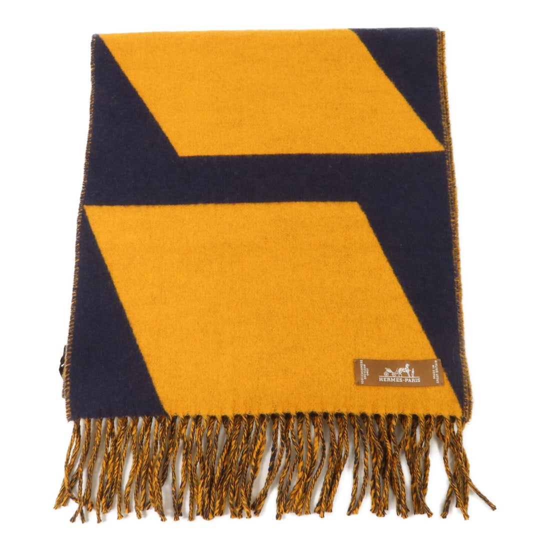 Hermes Cashmere Scarf Yellow and Navy with Box: Hermes Cashmere Scarf Yellow and Navy with Box A Hermes scarf made from cashmere in yellow and navy blue. It comes with a storage box and is described as being in pristine A+ condition. Specifications