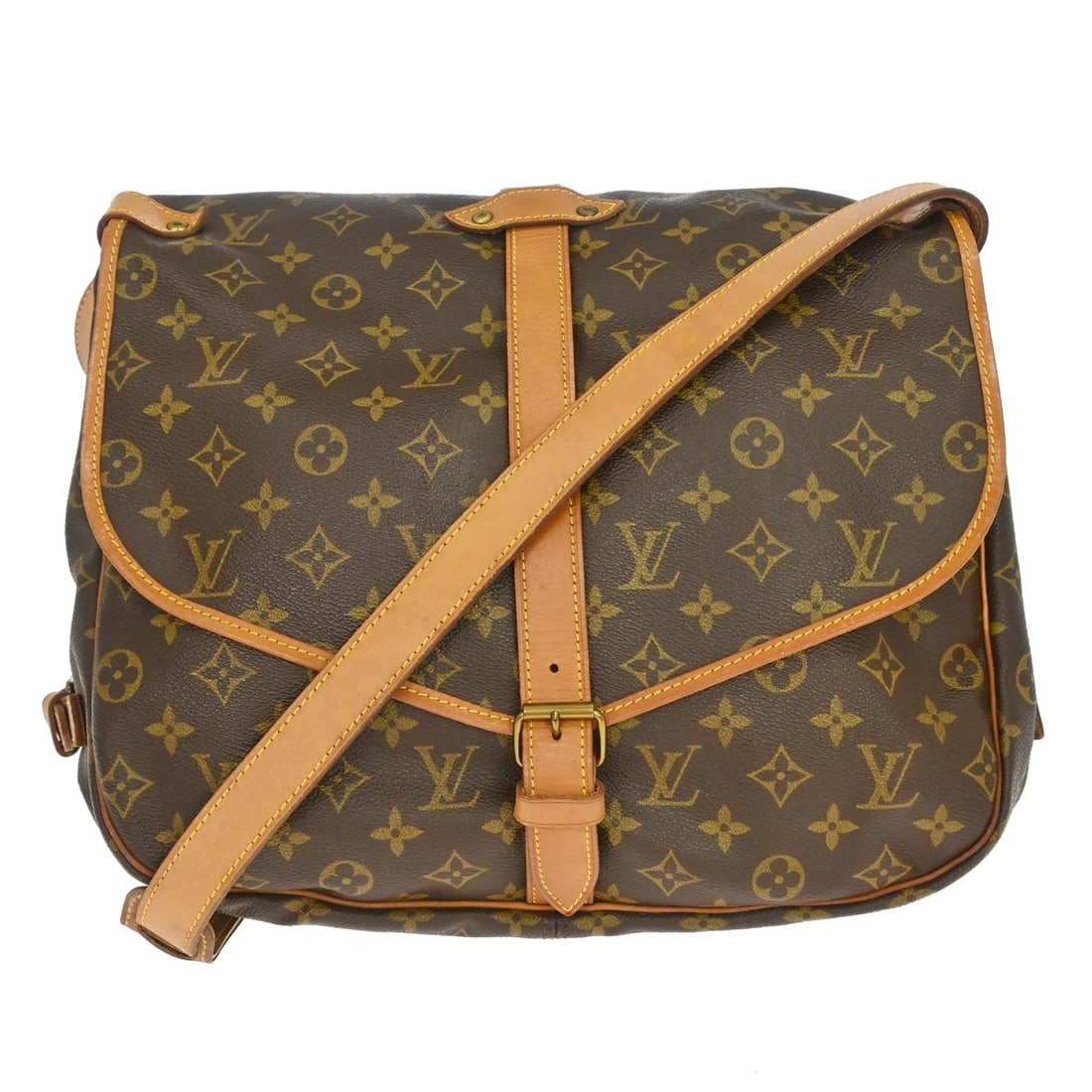 Louis Vuitton Saumur 35 Monogram Canvas Crossbody Shoulder Bag M42254: Louis Vuitton Saumur 35 Monogram Canvas Crossbody Shoulder Bag M42254 Vintage Louis Vuitton Saumur 35 shoulder bag in brown Monogram canvas and leather with a buckle closure and crossbody strap. This 