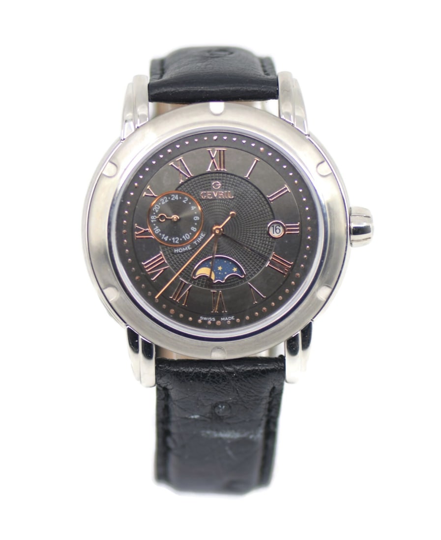 Gevril Dual Time Moon Quartz Watch M0111R1 Black Leather Band: Gevril Dual Time Moon Quartz Watch M0111R1 Black Leather Band Experience the perfect blend of luxury and functionality with the Gevril Dual Time Moon Stainless Steel Watch. This elegant wristwatch fea