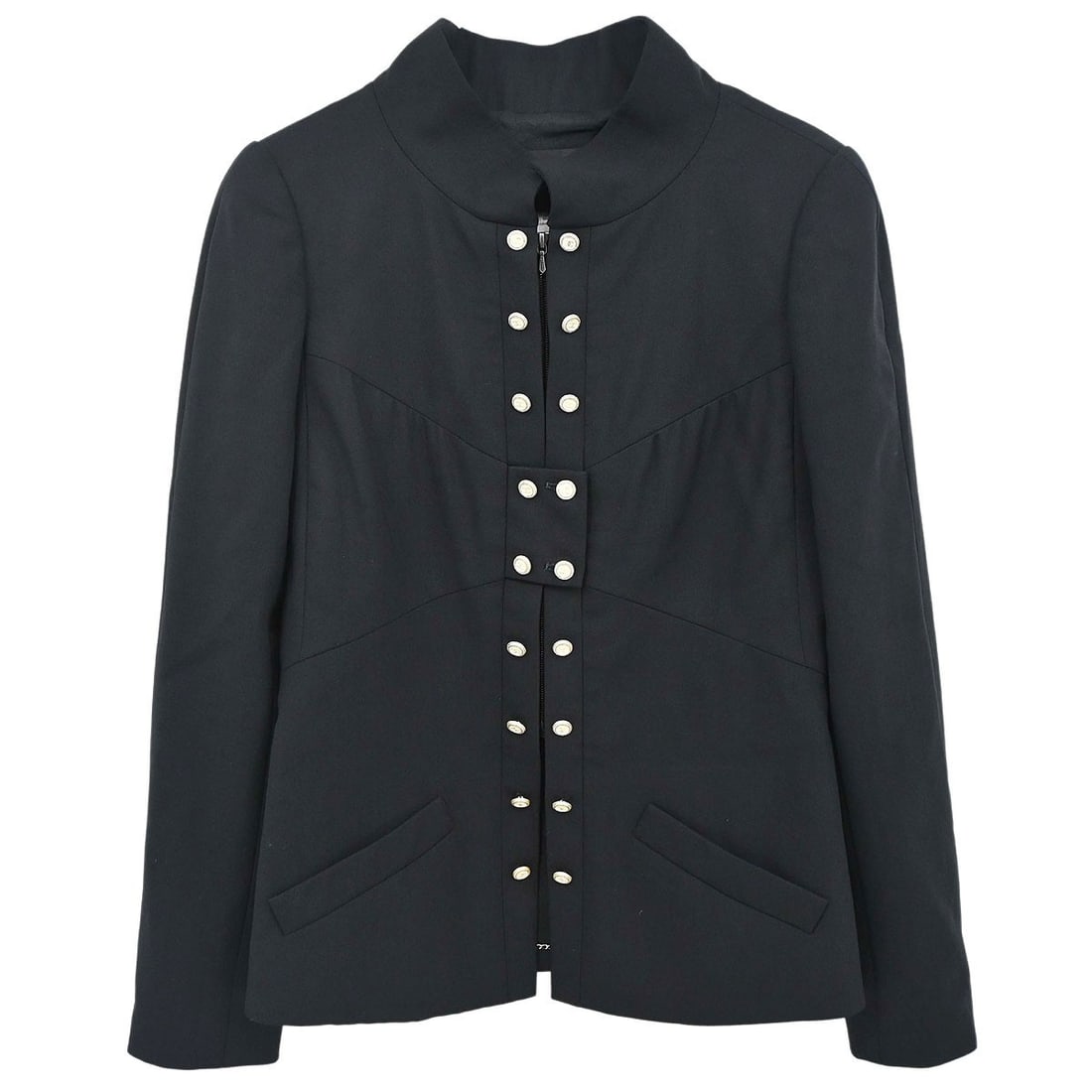 Black Wool Blend Jacket Chanel 07P Size 36: Black Wool Blend Jacket Chanel 07P Size 36 Chanel long sleeve zip-up jacket in black, made in France. The jacket is size #36 and is constructed from 87% wool, 10% nylon, and 3% spandex. It features tw