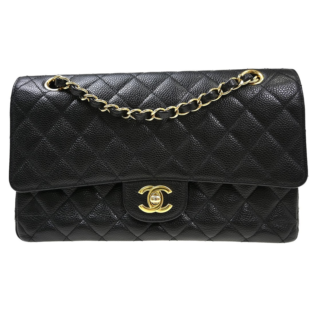 Medium shoulder bag in black caviar leather Chanel Classic Double Flap: Medium shoulder bag in black caviar leather Chanel Classic Double Flap Black Chanel Medium Classic Double Flap Shoulder Bag in caviar skin leather, made in France. It features a turn lock closure, sho