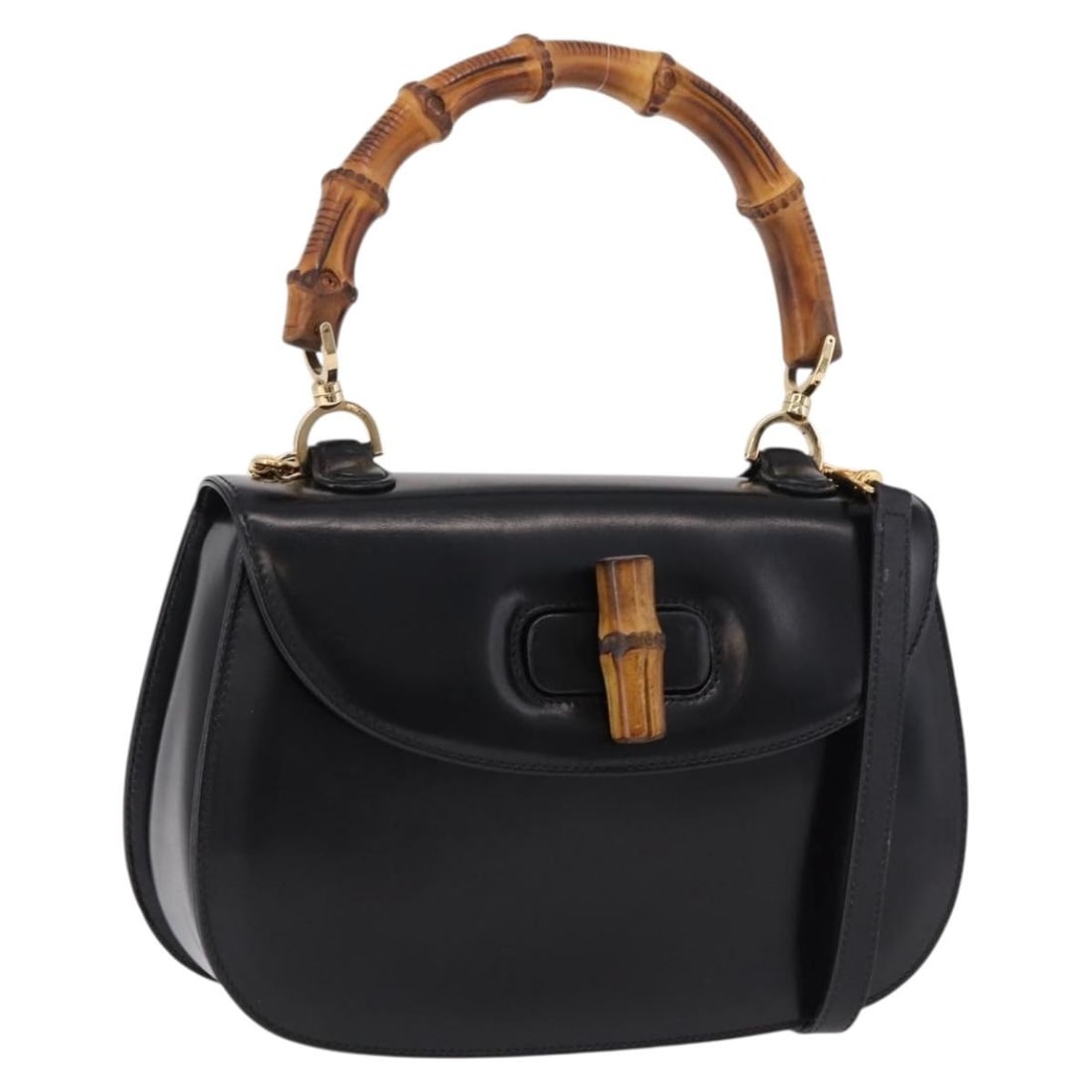 GUCCI 000 1364 0633 Bamboo 2way Leather Handbag Black Gold: GUCCI 000 1364 0633 Bamboo 2way Leather Handbag Black Gold A Gucci Bamboo hand bag in black and gold leather, made in Italy. It comes with a shoulder strap for 2-way use and features a structured bag 