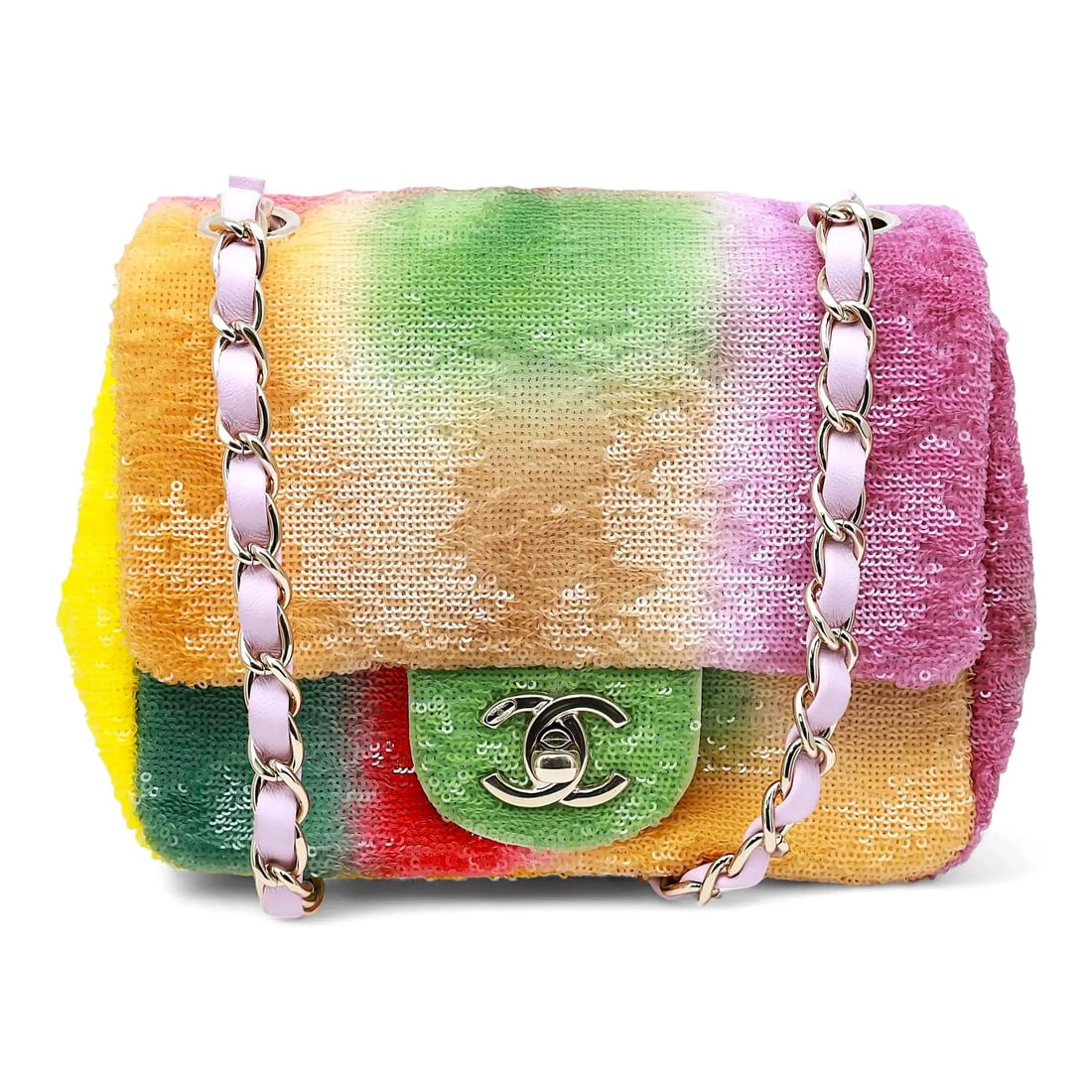 Chanel Mini Sequin Flap Crossbody Bag Gold Tone Chain Strap: Chanel Mini Sequin Flap Crossbody Bag Gold Tone Chain Strap This Chanel 25S Multicolor Sequin Mini Square Flap Crossbody Bag is crafted in France and features a vibrant sequin exterior with leather ac