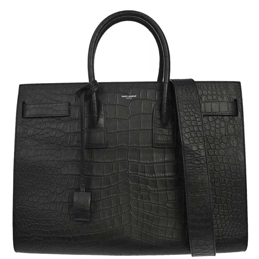Saint Laurent Sac de Jour Large Black Embossed Leather 2way Tote: Saint Laurent Sac de Jour Large Black Embossed Leather 2way Tote Saint Laurent Sac de Jour 2way tote handbag in black embossed leather, made in Italy. It features double handles, inner pockets, a remo