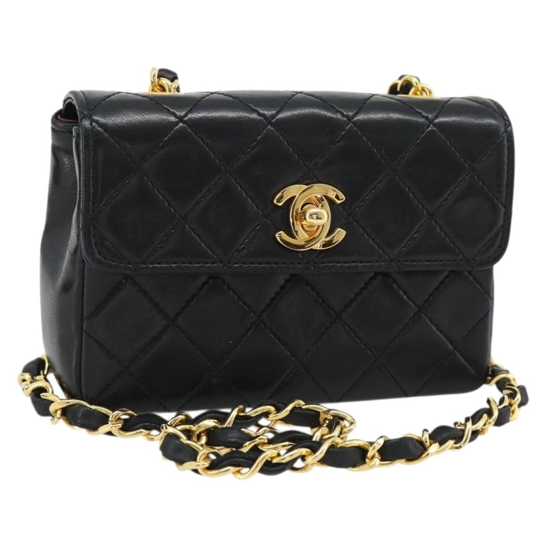 CHANEL Matelasse Lamb Skin Shoulder Bag Black Gold Chain CC: CHANEL Matelasse Lamb Skin Shoulder Bag Black Gold Chain CC A CHANEL Matelasse chain shoulder bag in black and gold lamb skin, made in France. The bag is described as a women's shoulder bag and comes 