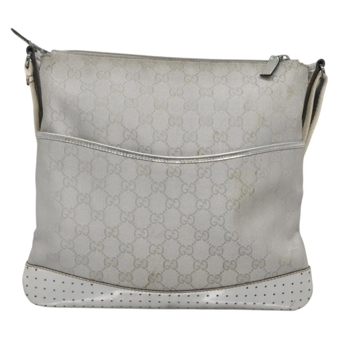 Gucci GG Canvas Silver Messenger Bag with Perforated Leather Accents: Gucci GG Canvas Silver Messenger Bag with Perforated Leather Accents This Gucci Zip Messenger Bag features GG canvas with perforated leather accents, offering a stylish and versatile design for unisex