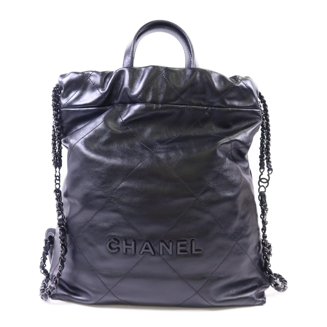 CHANEL 22 Calfskin Backpack Black CC SHW AS3859: CHANEL 22 Calfskin Backpack Black CC SHW AS3859 CHANEL 22 rucksack backpack in black calfskin (cowhide) leather, designed for women. The bag features a black exterior and comes with one inside zip poc