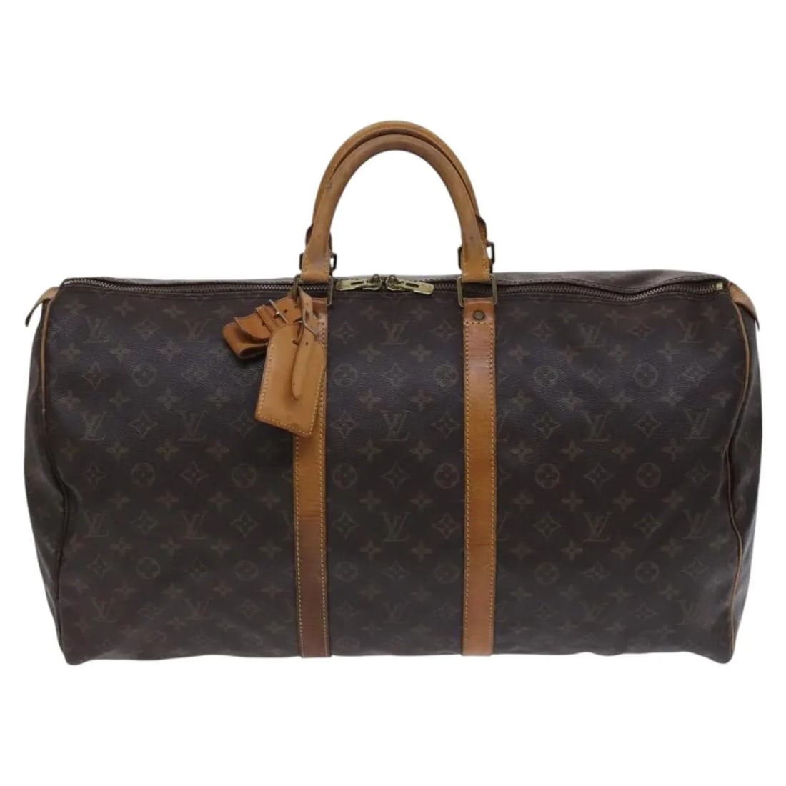 Keepall Monogram Canvas Travel Duffel by Louis Vuitton: Keepall Monogram Canvas Travel Duffel by Louis Vuitton This Louis Vuitton Keepall bag is crafted from brown monogram canvas and is designed for unisex use. The bag shows signs of wear, including out-o