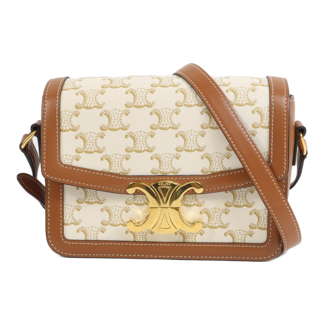 CELINE Classique Triomphe Teen shoulder bag 188882BZ.01BC white coated canvas: CELINE Classique Triomphe Teen shoulder bag 188882BZ.01BC white coated canvas A CELINE Classique Triomphe Teen bag in White/Brown/White, crafted from calfskin (cowhide) and PVC coated canvas. It featu