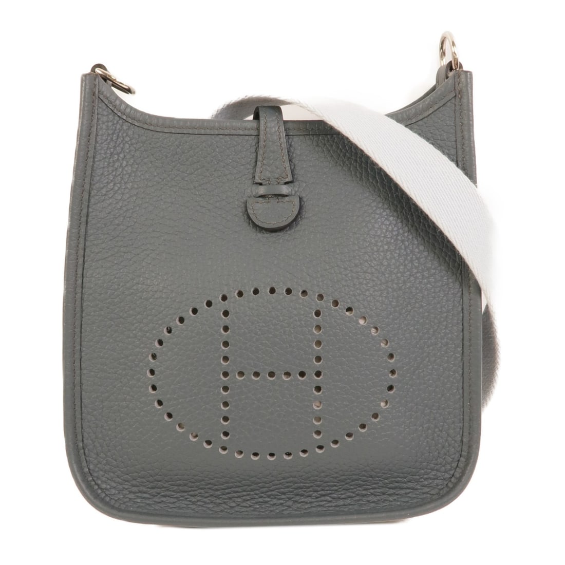 Hermes Evelyne TPM Clemence Leather Shoulder Bag Bleu Orage PHW: Hermes Evelyne TPM Clemence Leather Shoulder Bag Bleu Orage PHW Hermes Evelyne TPM shoulder bag in Bleu Orage, made in France from Taurillon Clemence and calfskin (cowhide). It features a shoulder str
