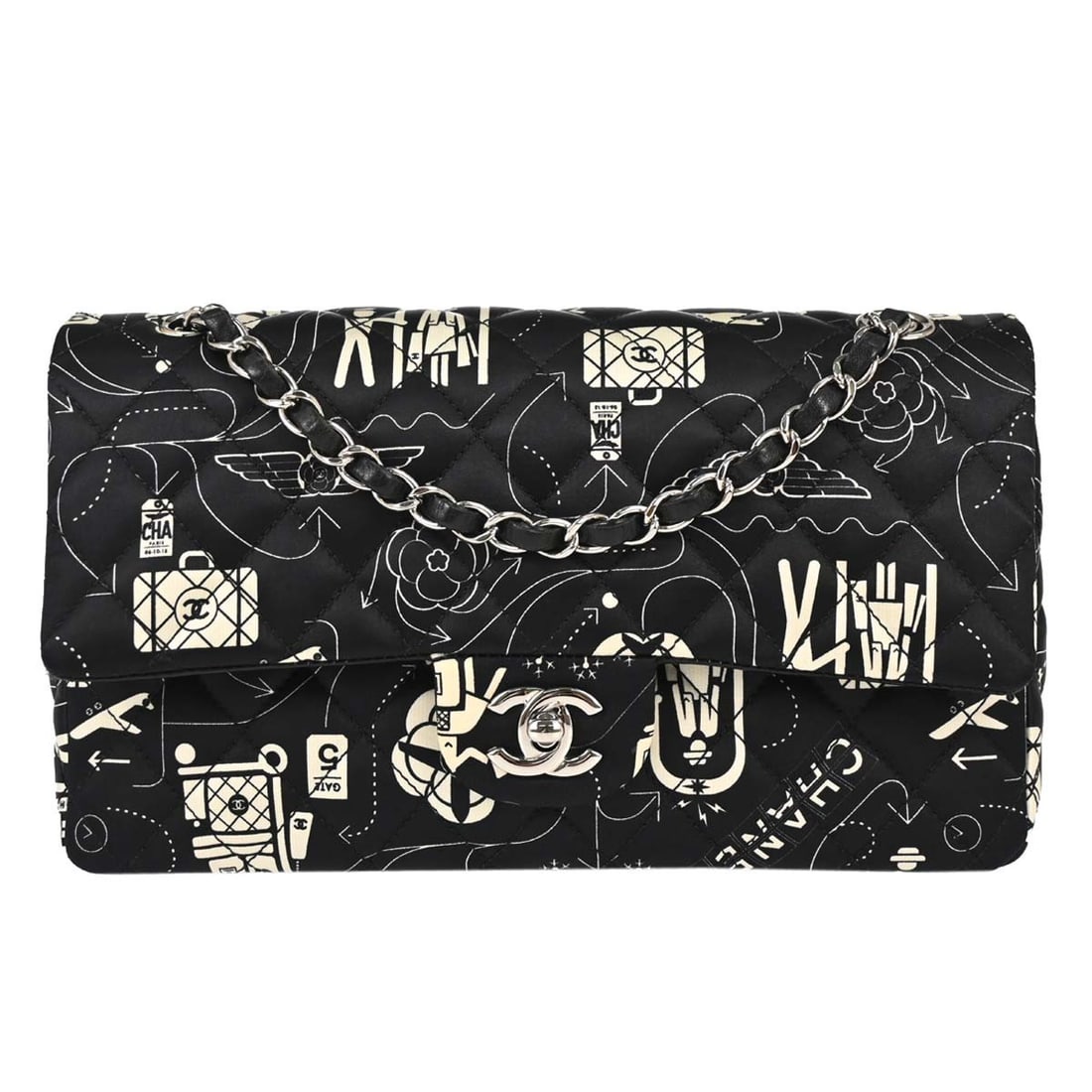 CHANEL Classic Double Flap Medium Shoulder Bag Black Satin: CHANEL Classic Double Flap Medium Shoulder Bag Black Satin Chanel Classic Double Flap medium shoulder bag in black satin with a matelasse design and turnlock closure. This women's shoulder bag feature