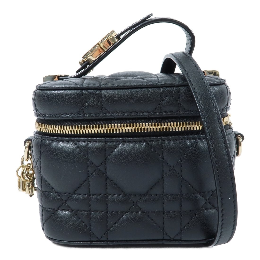 Dior S0935ONMJ CD Vanity Case 2 Way Shoulder Bag Black Lambskin: Dior S0935ONMJ CD Vanity Case 2 Way Shoulder Bag Black Lambskin This Christian Dior vanity case is a 2-way shoulder bag crafted from black lambskin (sheep leather). It features a black frame color, co