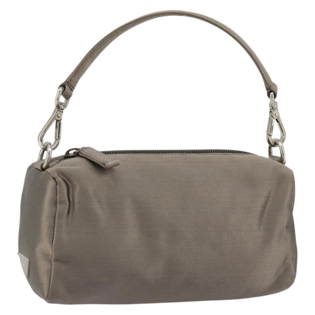 Prada satin hand bag gray silver made in Italy: Prada satin hand bag gray silver made in Italy Prada hand pouch in satin with a gray and silver colorway. It is a hand bag style piece made in Italy and offered in condition rank B, showing reasonable